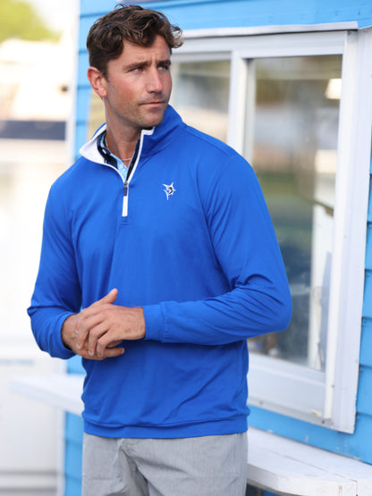 Blue long sleeve quarter-zip pullover from White Water Life with chest logo on Tampa Home & Garden Store
