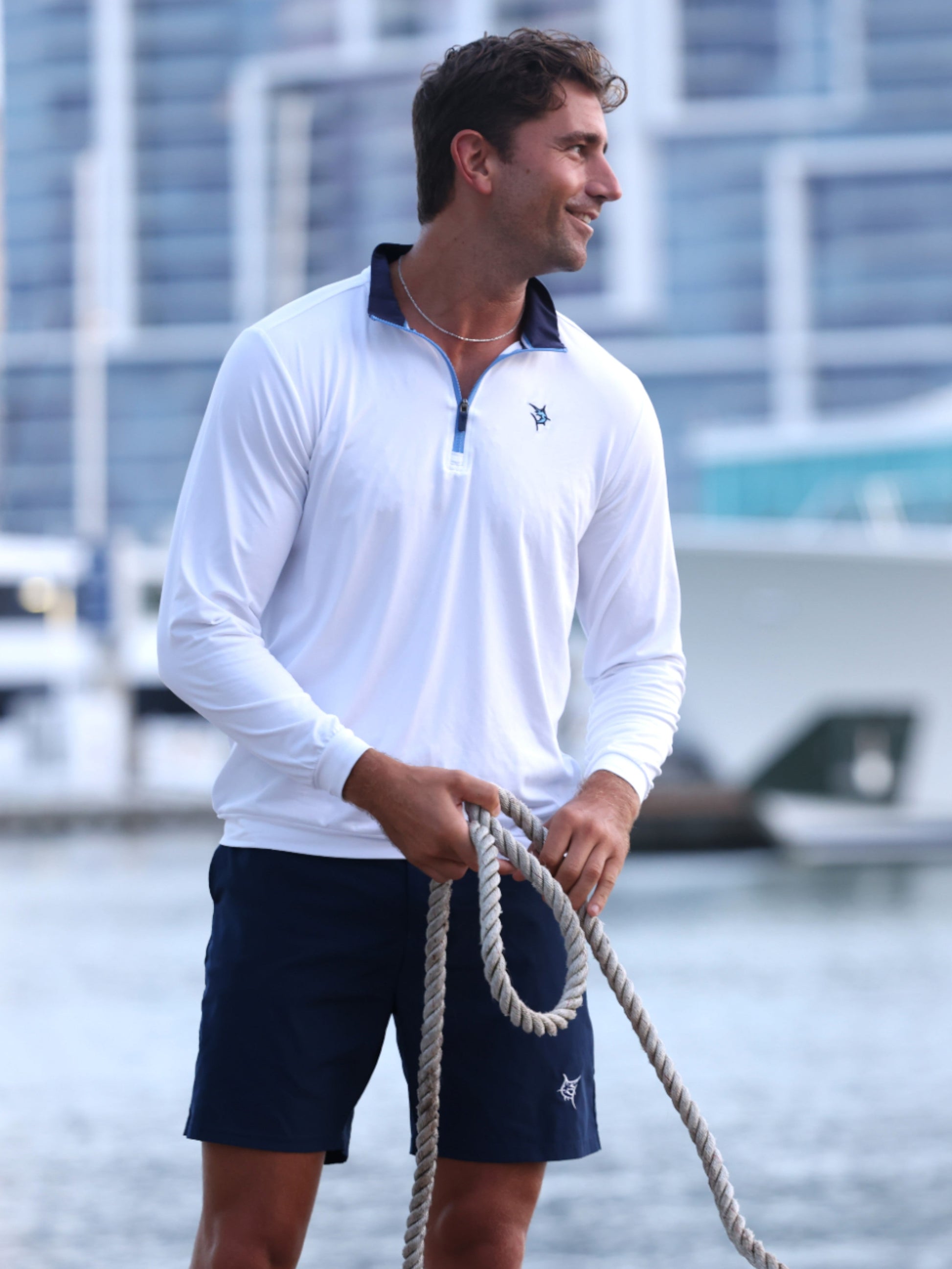 Long Beach Quarter Zip Lightweight long sleeve top white with navy collar White Water Life logo on Tampa Home & Garden Store