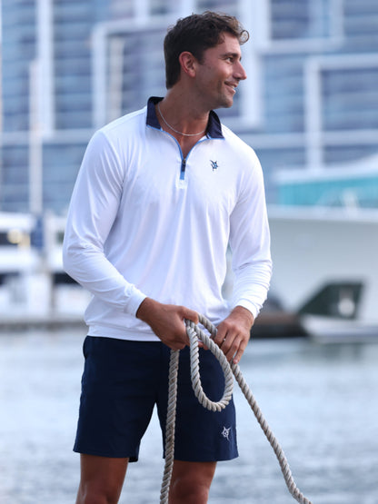 Long Beach Quarter Zip Lightweight long sleeve top white with navy collar White Water Life logo on Tampa Home & Garden Store