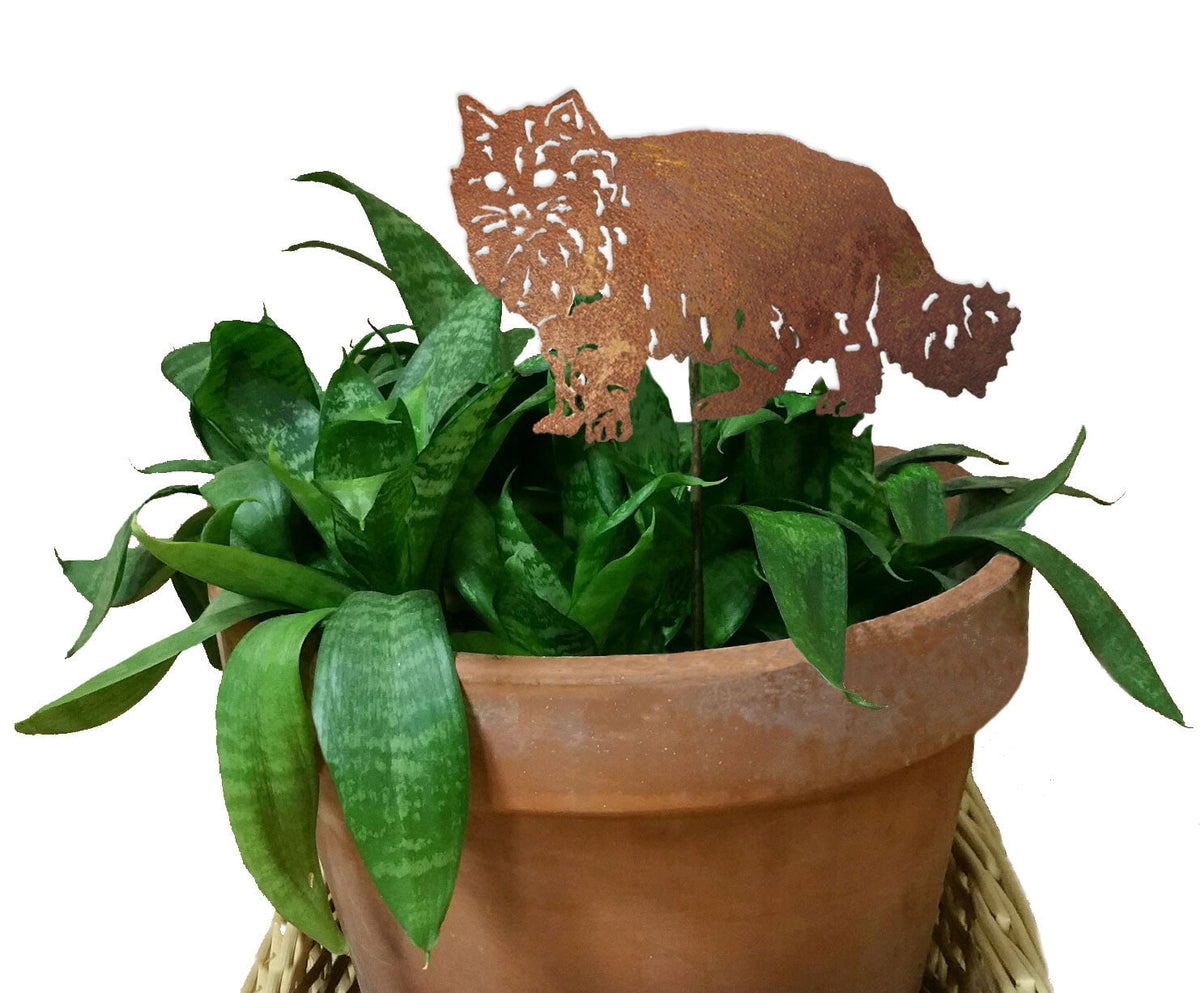 Long Haired Cat Plant Stake by Rustica Ornamentals, rust metal silhouette with floral cutouts in terracotta pot on Tampa Home & Garden Store