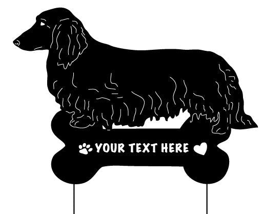 Long-Haired Dachshund Stake, black metal silhouette with bone-shaped plaque for customizable text on Tampa Home & Garden Store