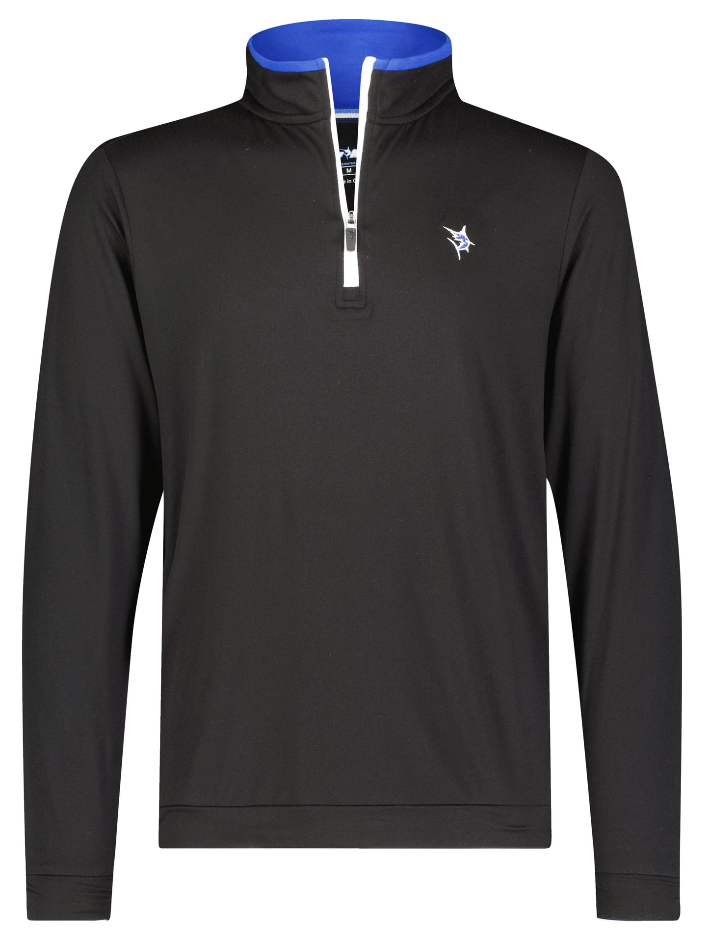 Black long sleeve quarter-zip pullover with white zipper and blue inner collar on Tampa Home & Garden Store