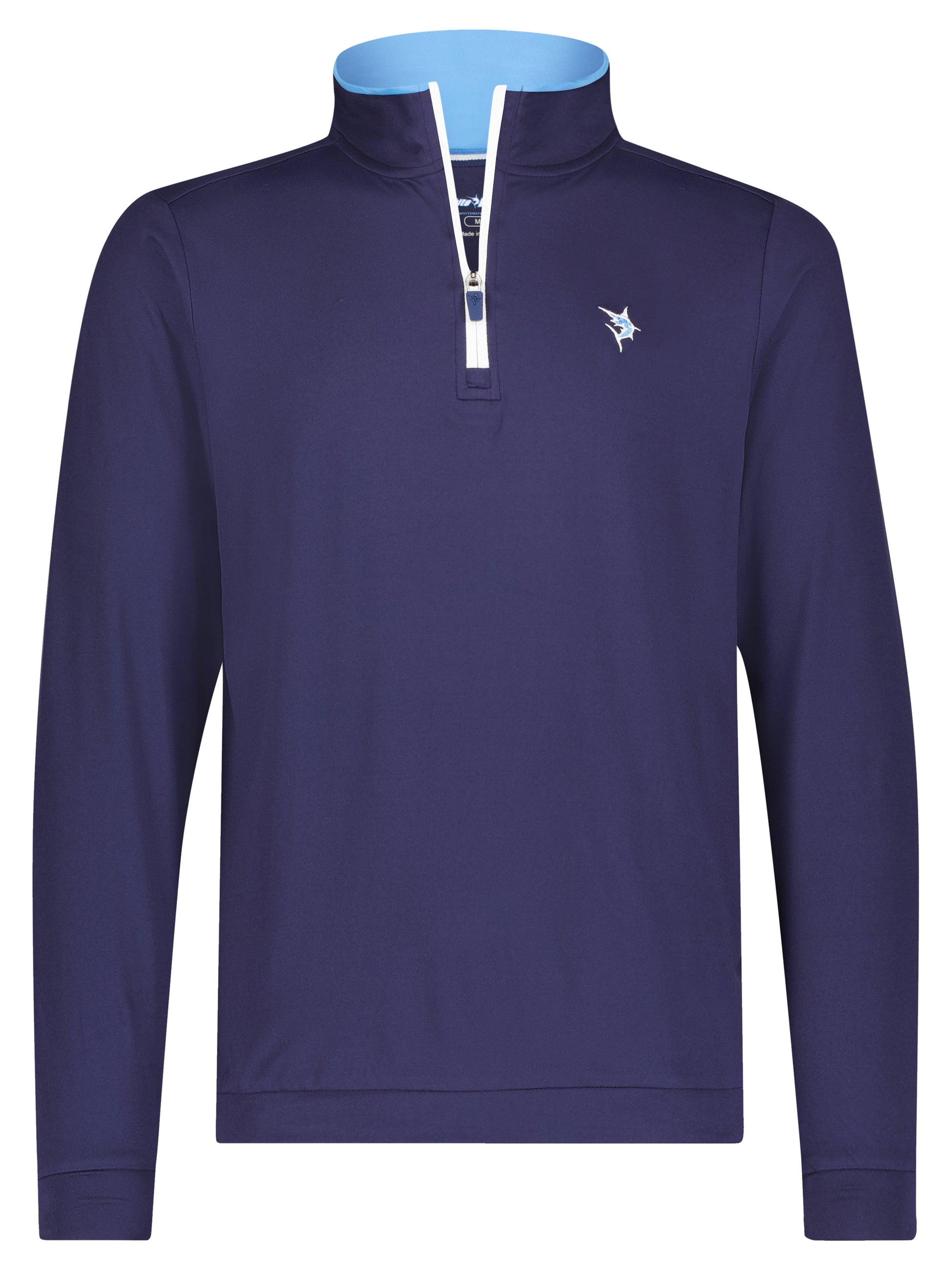 Long Beach Quarter Zip Ultra Soft Lightweight navy long sleeve pullover by White Water Life with white zipper and light blue inner collar on Tampa Home & Garden Store