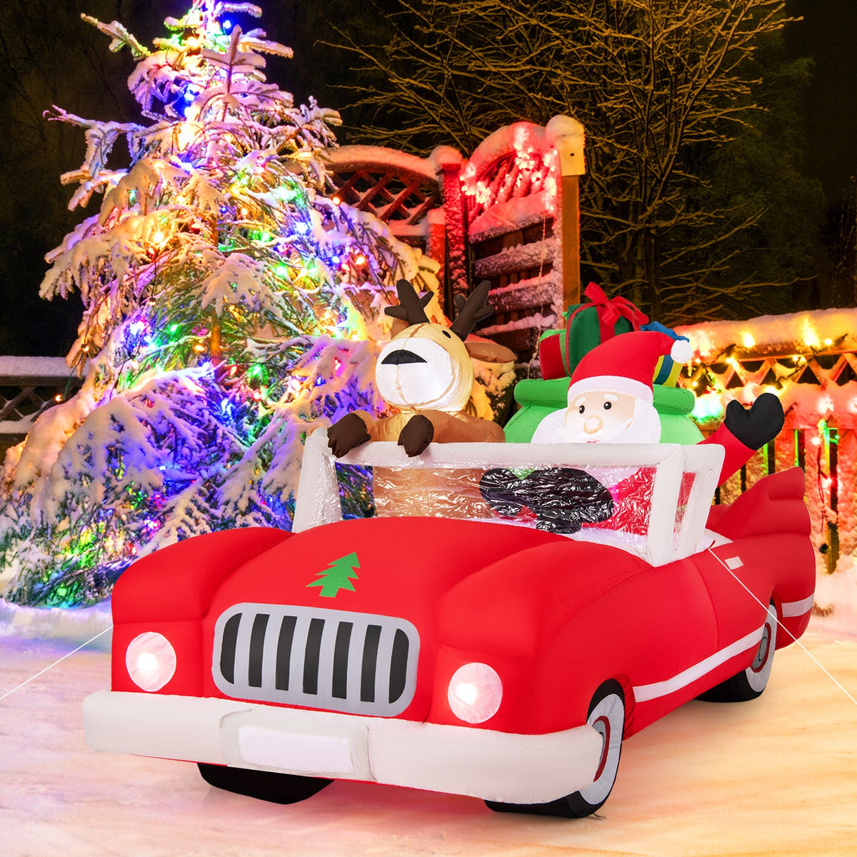 DirectDeals 7.7ft inflatable Santa and reindeer riding a red car with gift bag and 9 LED lights on Tampa Home & Garden Store
