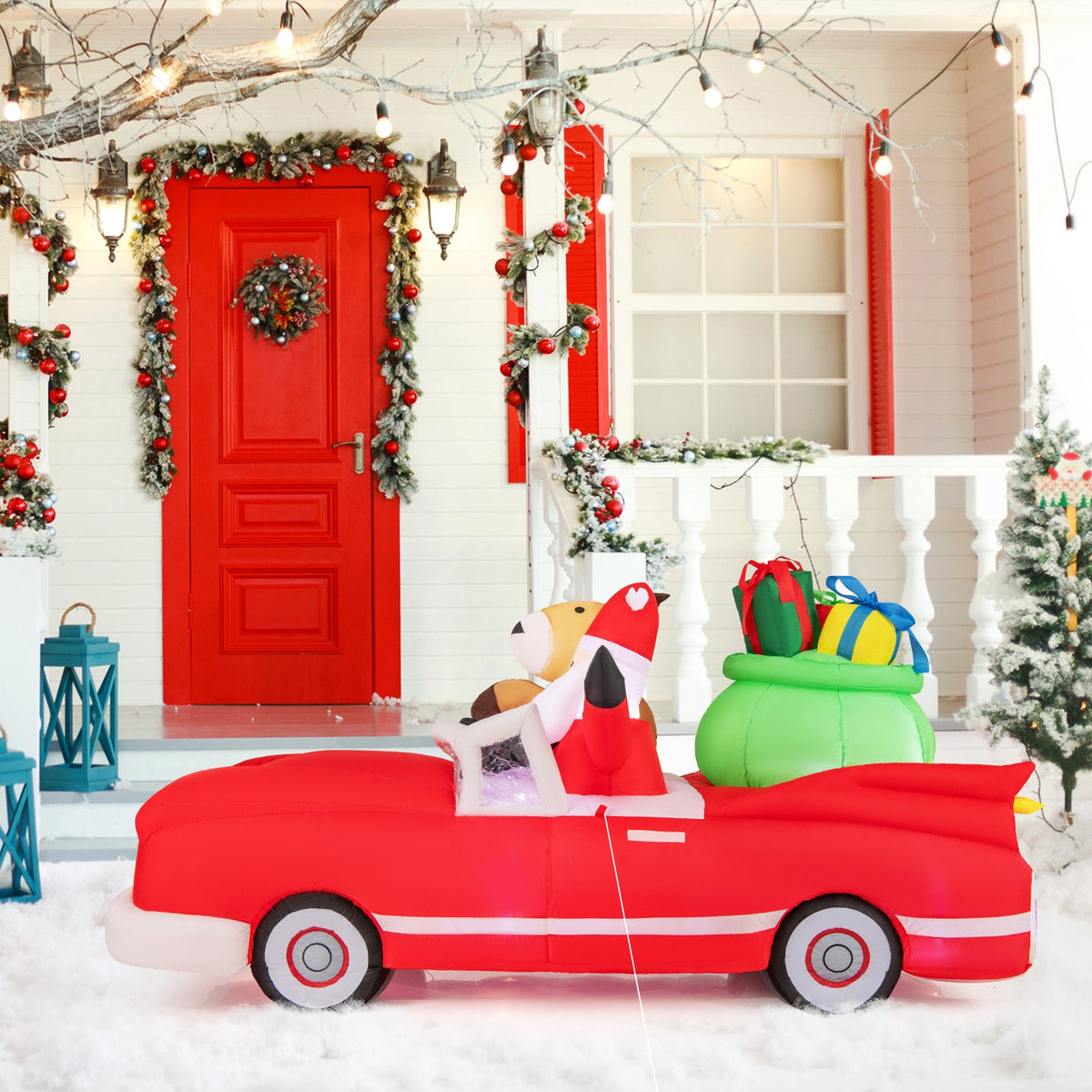 7.7 ft inflatable Christmas Santa and reindeer in a red car with gifts and 9 LED lights on porch on Tampa Home & Garden Store