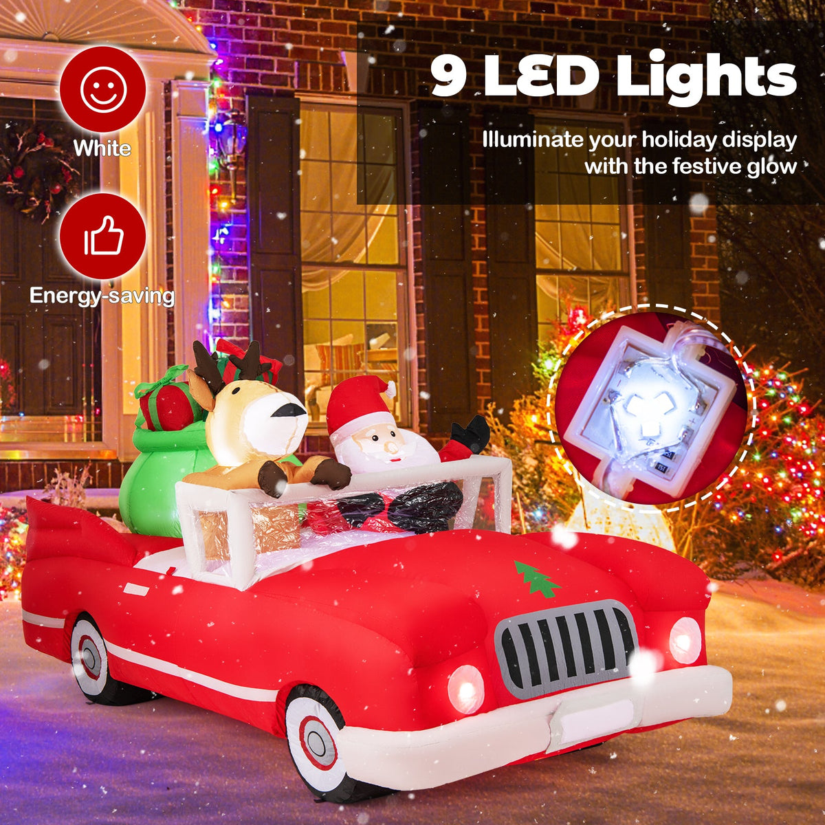 7.7ft inflatable Santa and reindeer in a red car with 9 LED lights DirectDeals on Tampa Home & Garden Store