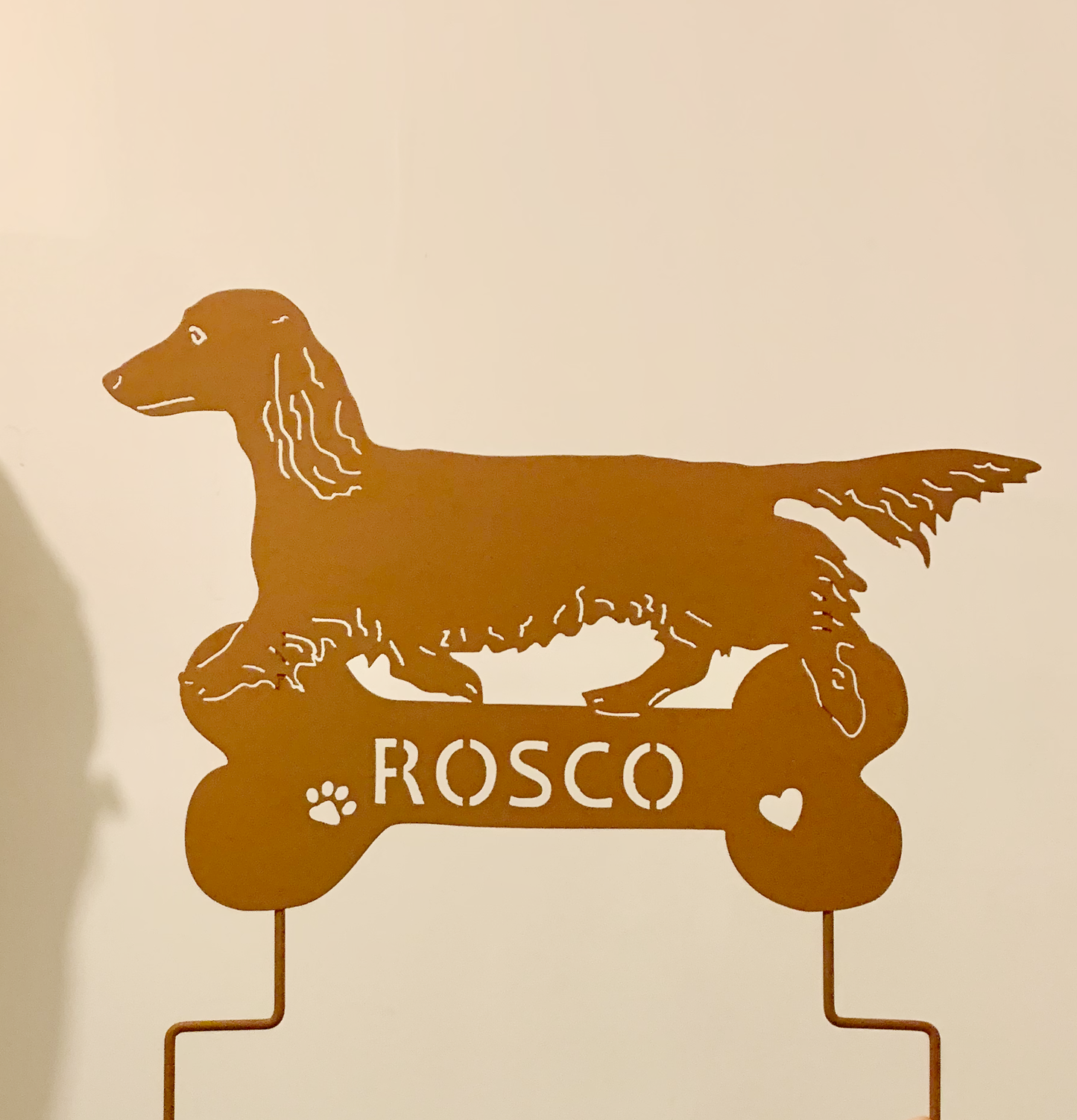 Long haired dachshund wall art silhouette in rust color with fur detailing lawn ornament on Tampa Home & Garden Store