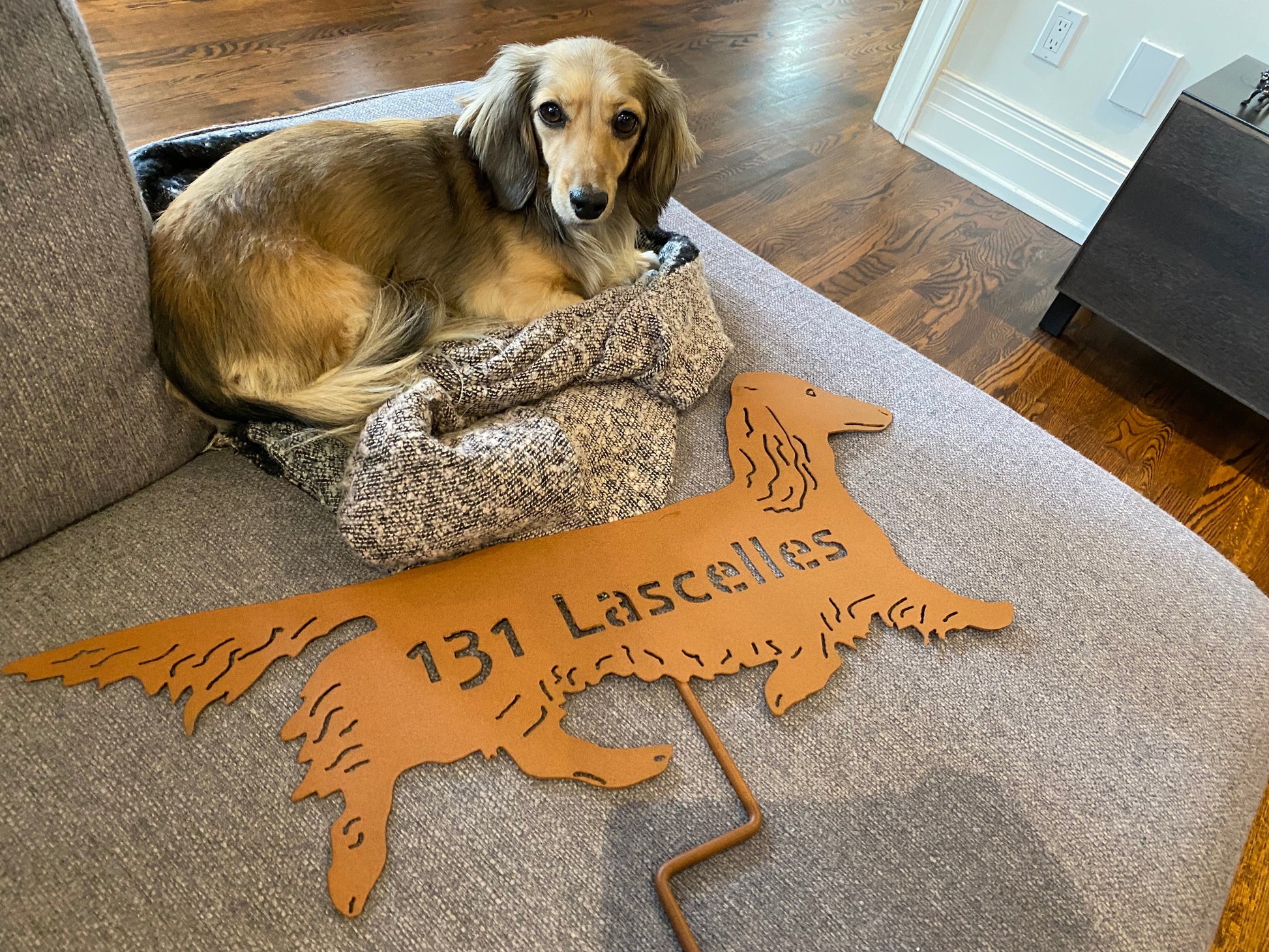 Long Haired Dachshund Statue wall art set of 2 orange metal silhouettes Rustica Ornamentals on Tampa Home & Garden Store