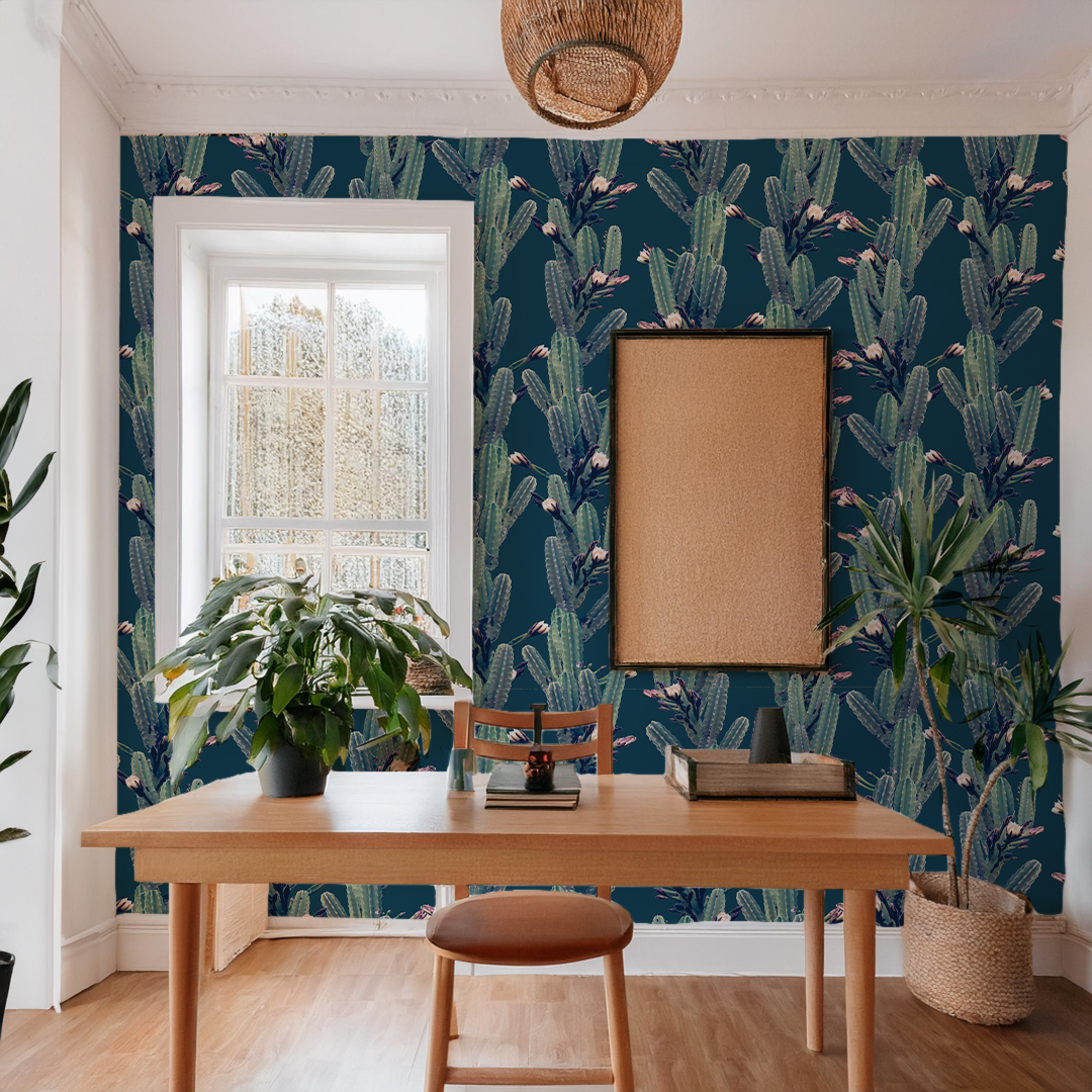 Los Cactus Wallpaper, blue - Tampa Home & Garden Store