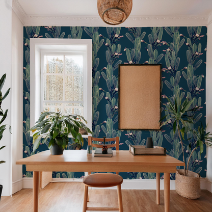 Los Cactus Wallpaper, blue - Tampa Home & Garden Store