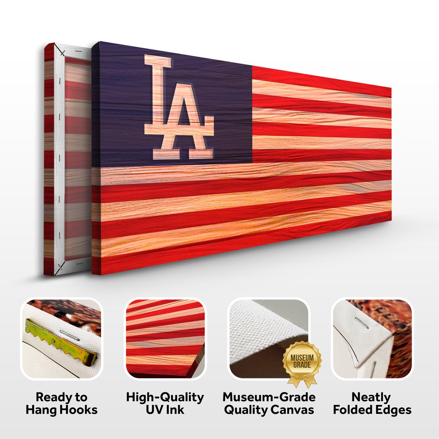 Los Angeles Dodgers sport signs canvas with navy field and large LA logo on wood red stripes on Tampa Home & Garden Store