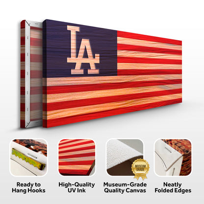Los Angeles Dodgers sport signs canvas with navy field and large LA logo on wood red stripes on Tampa Home & Garden Store