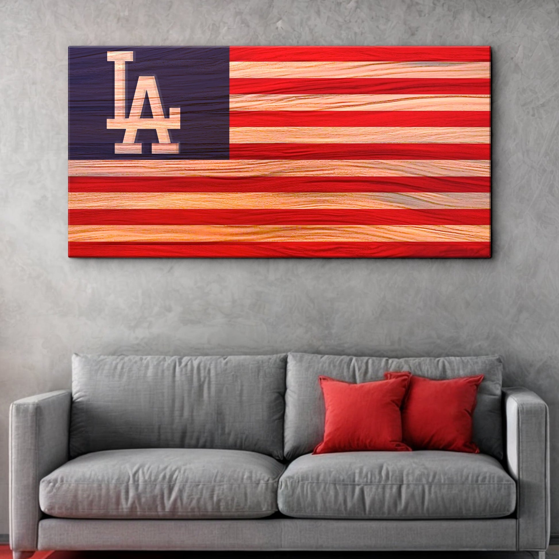 Los Angeles Dodgers sport signs canvas with LA logo on a red and cream striped flag on Tampa Home & Garden Store