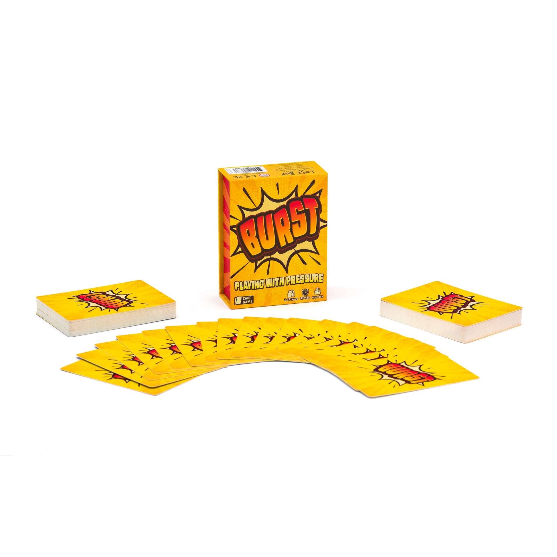 Burst card game by Lost Boy Entertainment, yellow cover with burst logo and cards around on Tampa Home & Garden Store