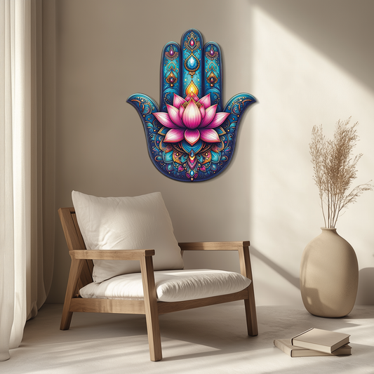 Décoration murale en métal Lotus Hamsa Main – Style bohème mystique - KAFUVM035