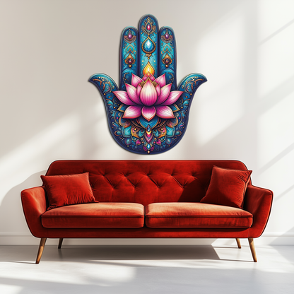 Lotus Hamsa Hand Metal Wall Art – Mystic Boho Decor-KAFUVM035