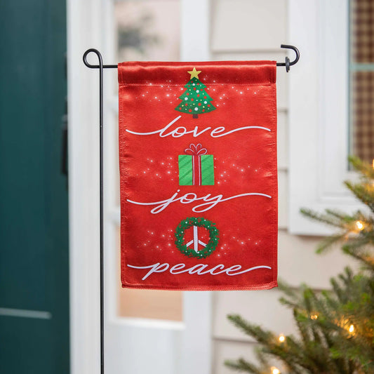 Love Joy Peace Lustre Garden Flag Christmas design with tree and gifts by Evergreen Enterprises on Tampa Home & Garden Store