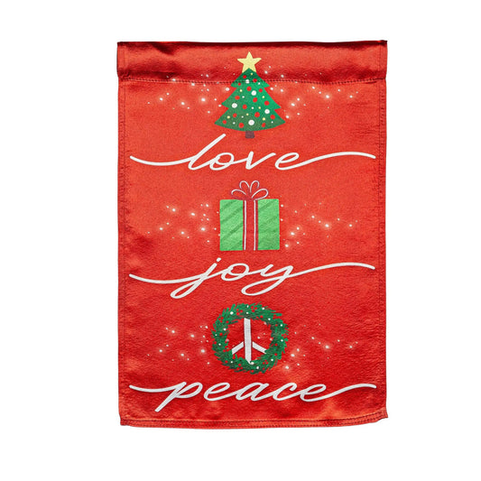 Love Joy Peace Lustre Garden Flag Outdoor by Evergreen Enterprises, red Christmas flag with tree on Tampa Home & Garden Store