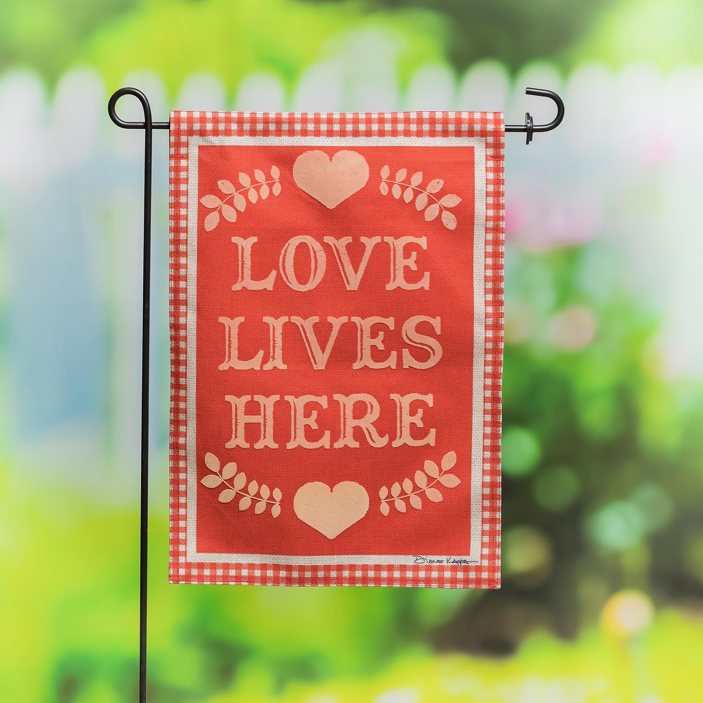 Love Lives Here Gingham Garden Burlap Flag - Tampa Home & Garden Store