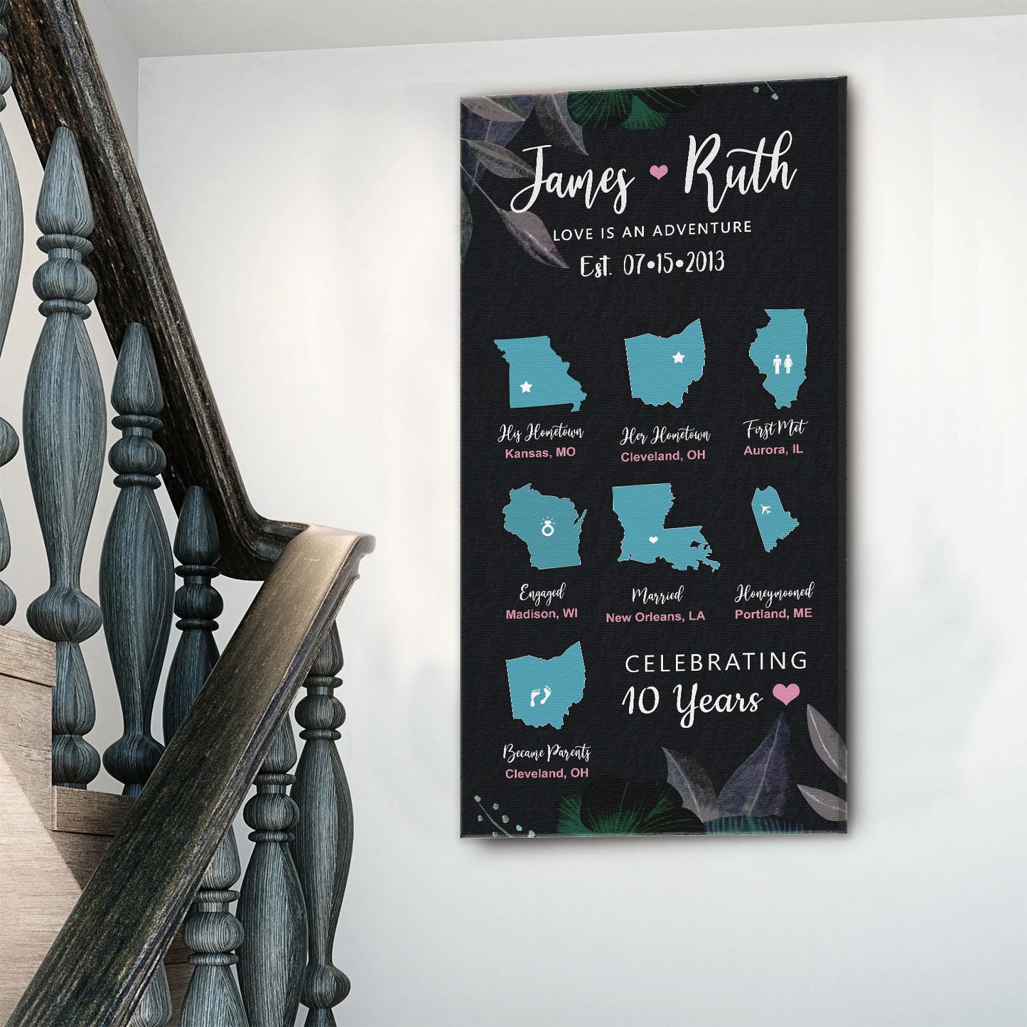 Love Is An Adventure canvas sign with teal state silhouettes on dark background on Tampa Home & Garden Store
