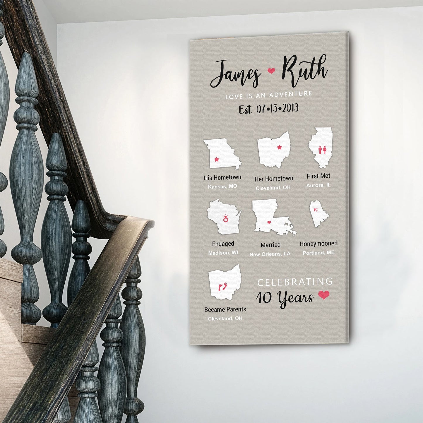 Love Is An Adventure Sign Canvas wall art with state icons and hearts on gray background on Tampa Home & Garden Store
