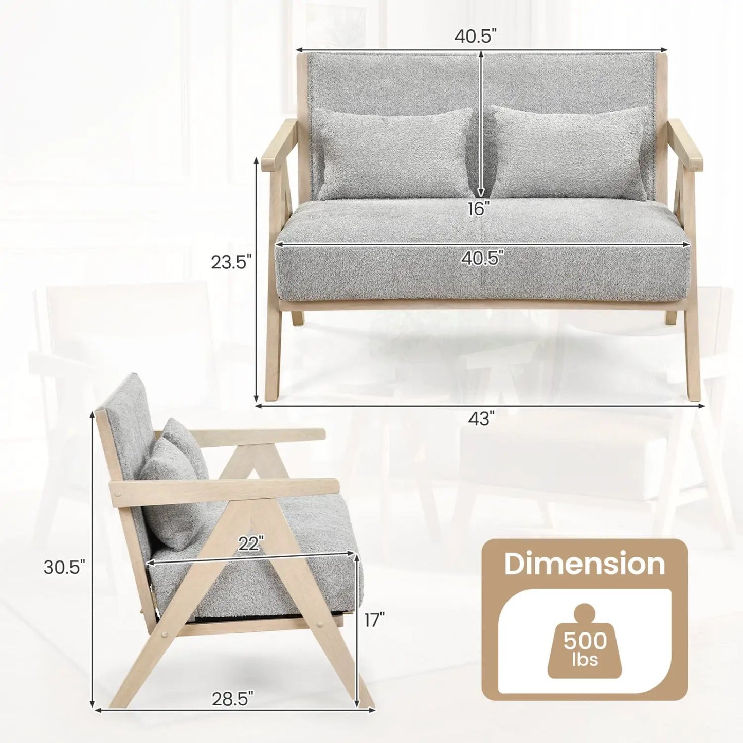 Loveseat Sofa for Small Spaces with Throw Pillows Rubber Wood Frame Padded Seat