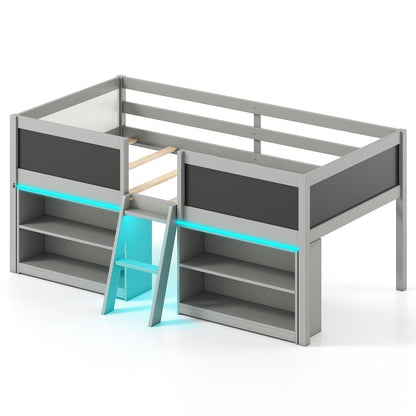 Cama baja con luces LED, cabina para niños con estanterías - Blanco