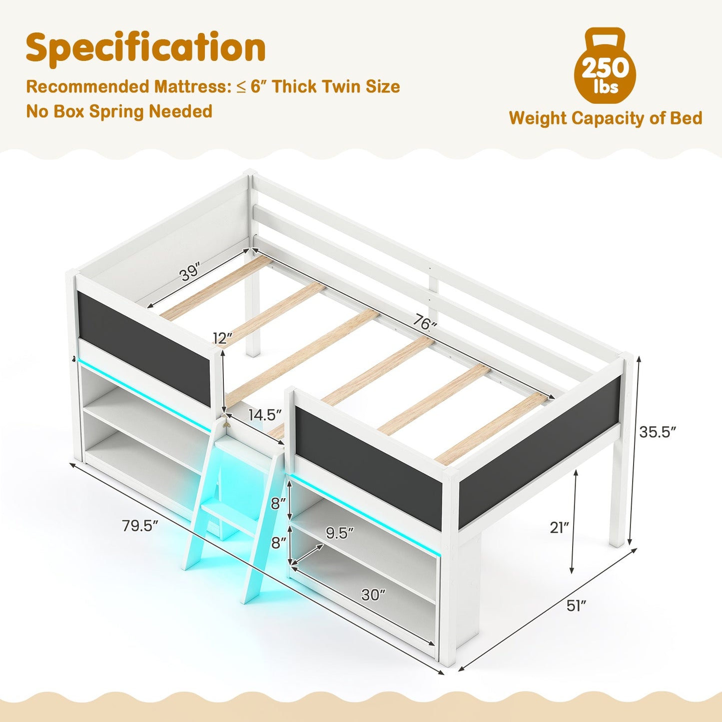 Cama baja con luces LED, cabina para niños con estanterías - Blanco