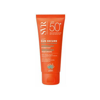 SVR Sun Secure Lait SPF50+ sunscreen tube, orange, waterproof formula, for sensitive skin on Tampa Home & Garden Store