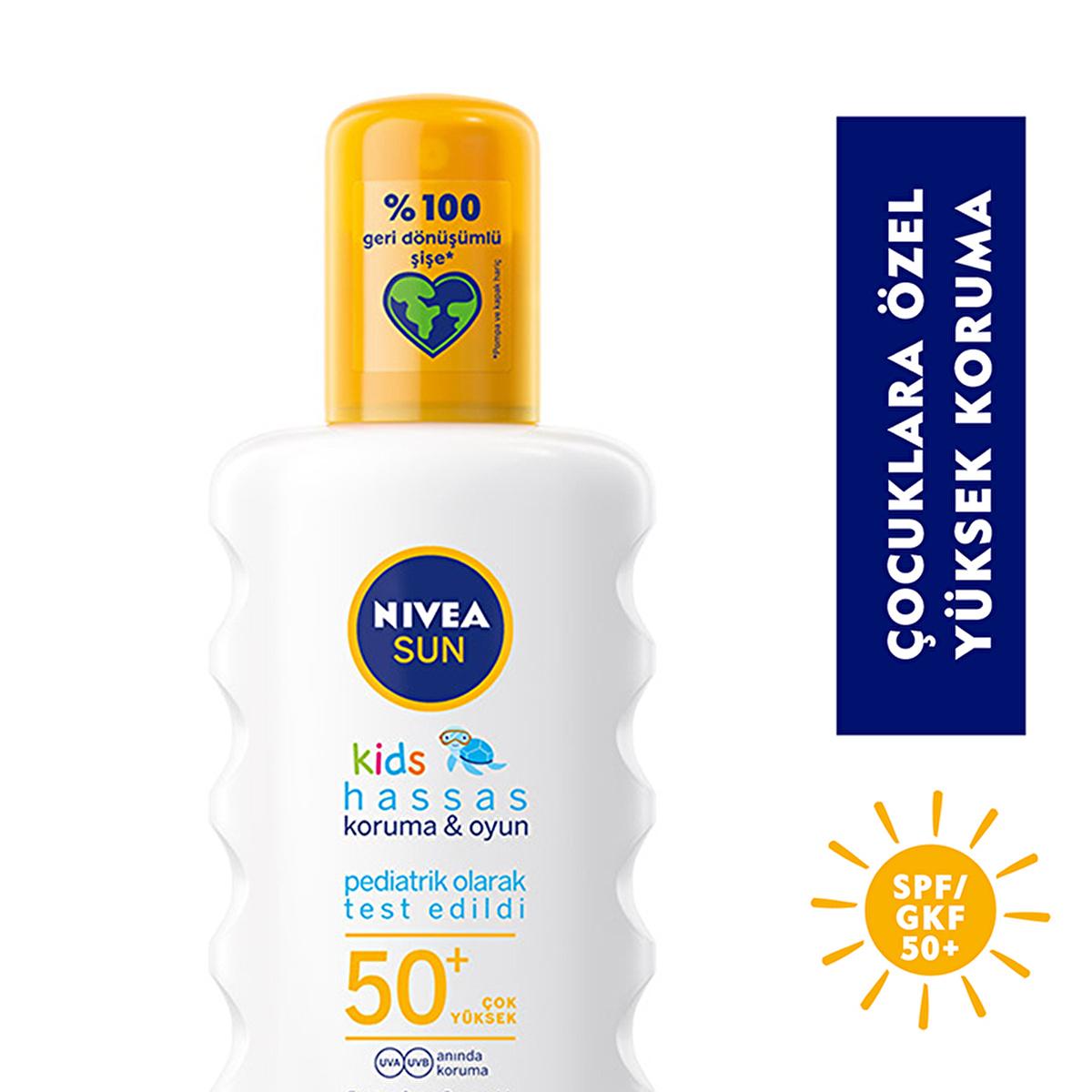 NIVEA Sun Kids sunscreen spray SPF 50+ bottle with yellow cap and blue logo on Tampa Home & Garden Store