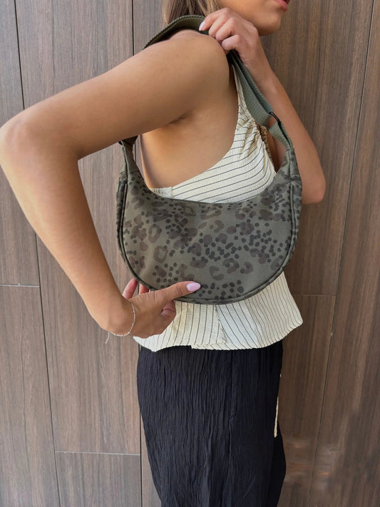 Lua Bag Printed Cheetah Half Moon Purse by Lefrik USA, olive-gray cheetah print handbag on Tampa Home & Garden Store