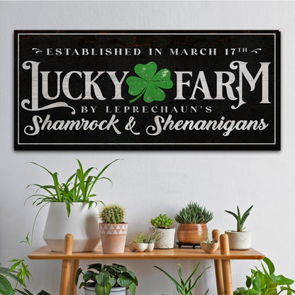St Patrick's Day Sign VI canvas with black and white LUCKY FARM lettering and green shamrock on Tampa Home & Garden Store