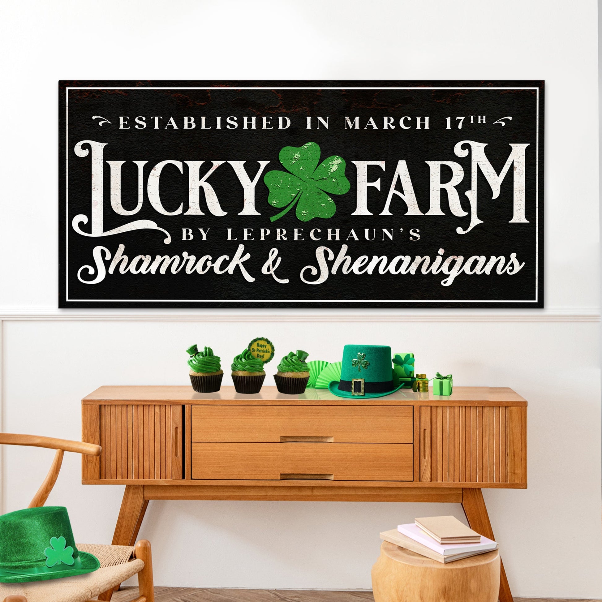 St Patrick's Day VI canvas by Tailored Canvases with black background and green shamrock on Tampa Home & Garden Store