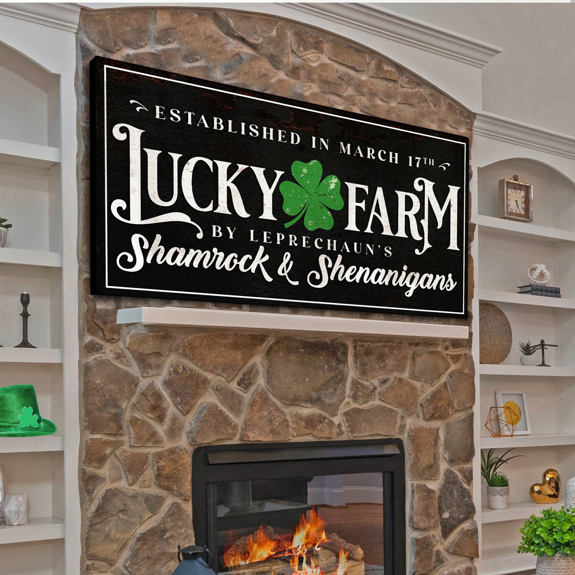 St Patrick's Day Sign VI canvas by Tailored Canvases with black background text and shamrock on Tampa Home & Garden Store