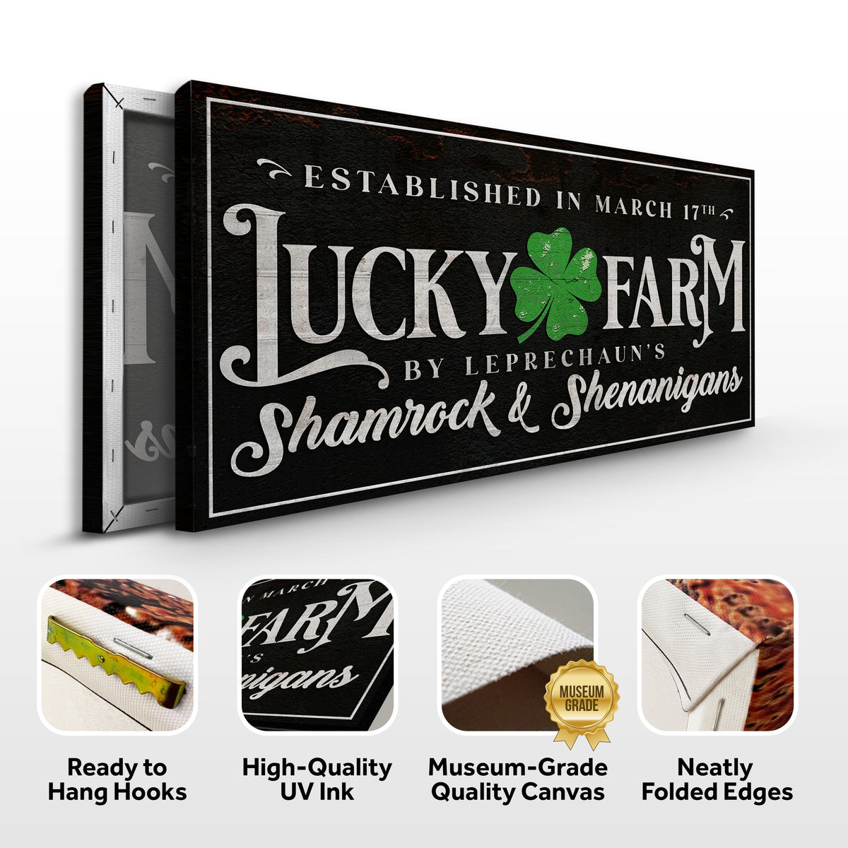 St Patrick's Day Sign VI canvas Tailored Canvases, black distressed texture with white typography and green shamrock on Tampa Home & Garden Store