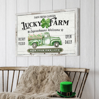 Canvas crafting sign Lucky Farm St Patrick's Day with green shamrock by Tailored Canvases on Tampa Home & Garden Store