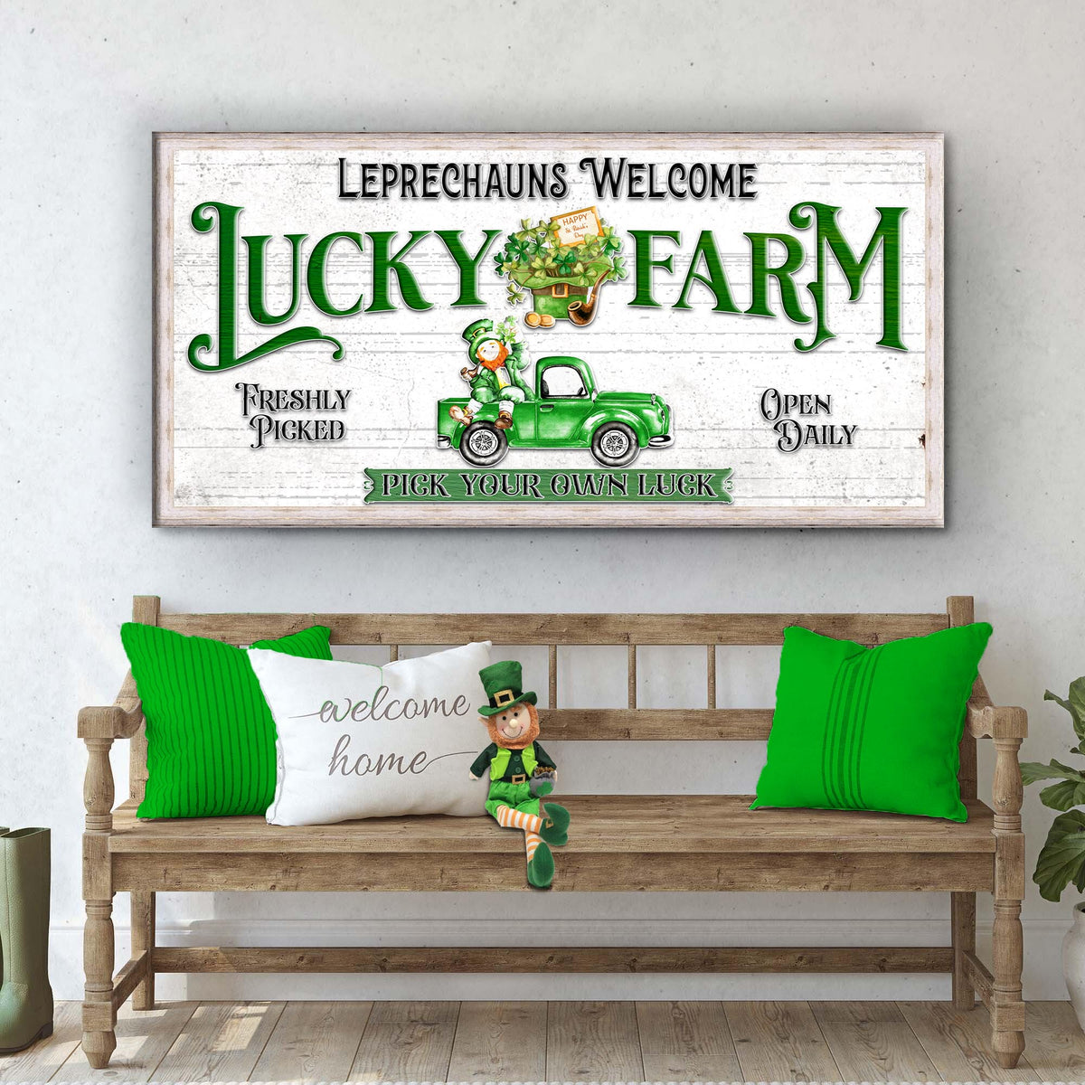 Canvas sign Lucky Farm by Tailored Canvases with green LUCKY FARM lettering and leprechaun on Tampa Home & Garden Store