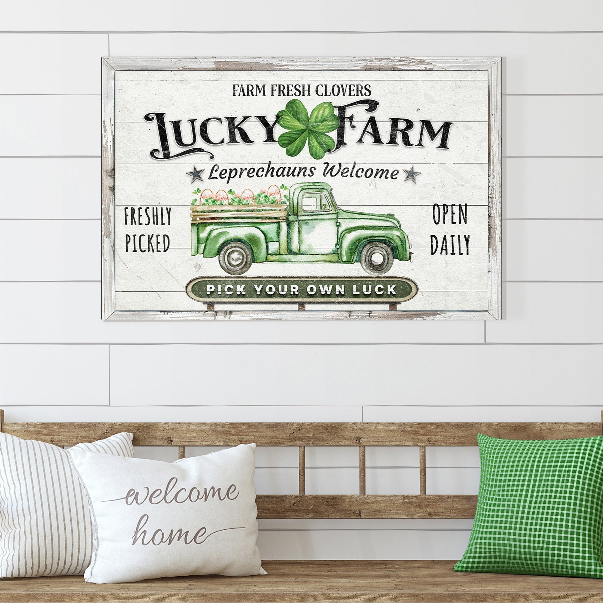 Canvas sign Lucky Farm with a green shamrock and vintage green truck on distressed white wood on Tampa Home & Garden Store