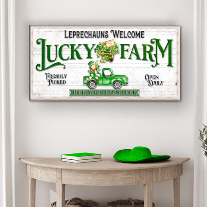 Canvas Lucky Farm sign with green type and leprechaun truck on Tampa Home & Garden Store