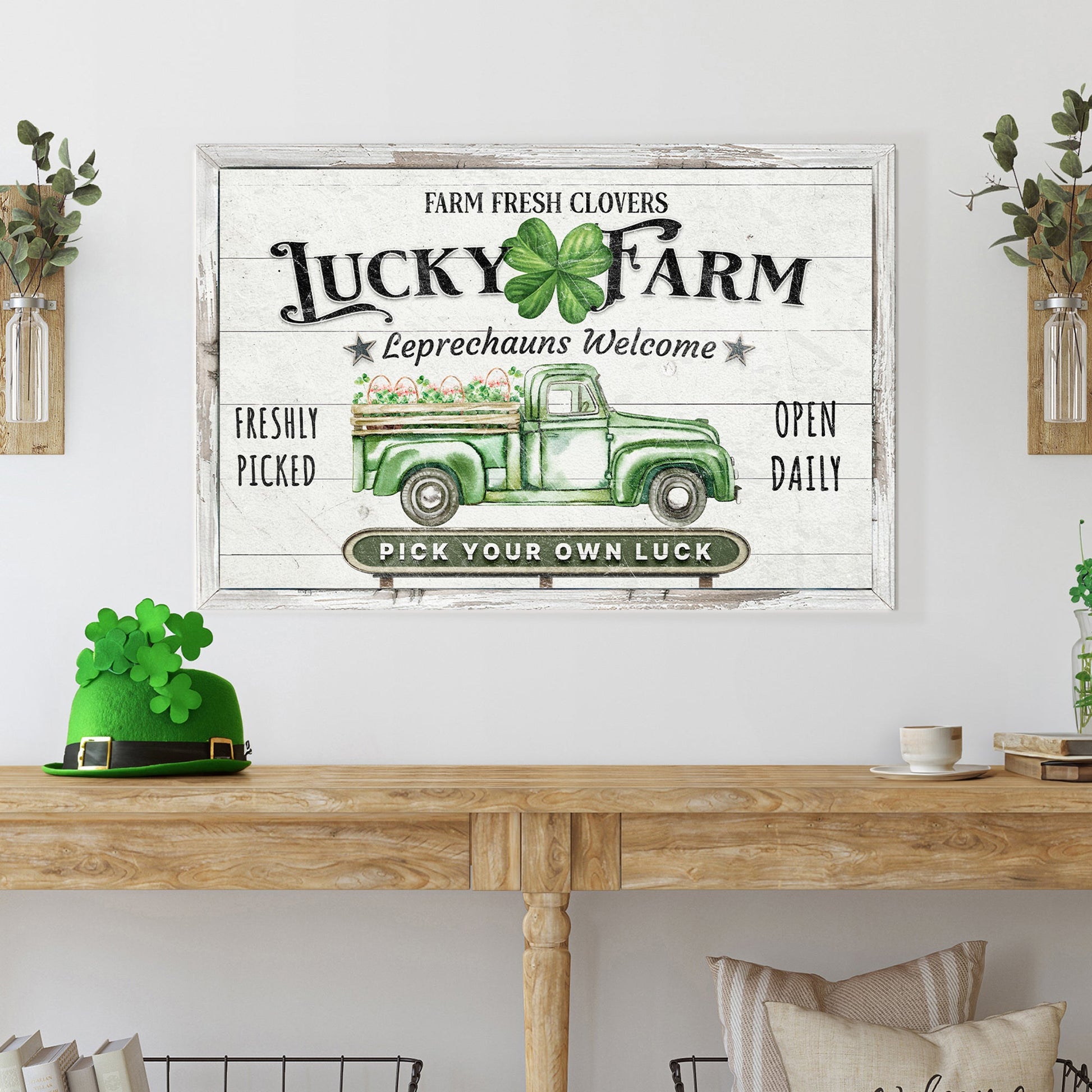 Lucky Farm St Patrick's Day canvas sign featuring a large four-leaf clover and retro green truck on Tampa Home & Garden Store