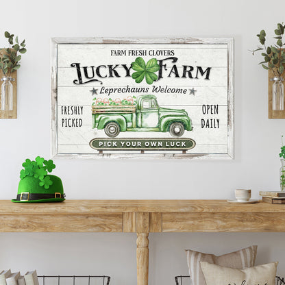 Lucky Farm St Patrick's Day canvas sign featuring a large four-leaf clover and retro green truck on Tampa Home & Garden Store