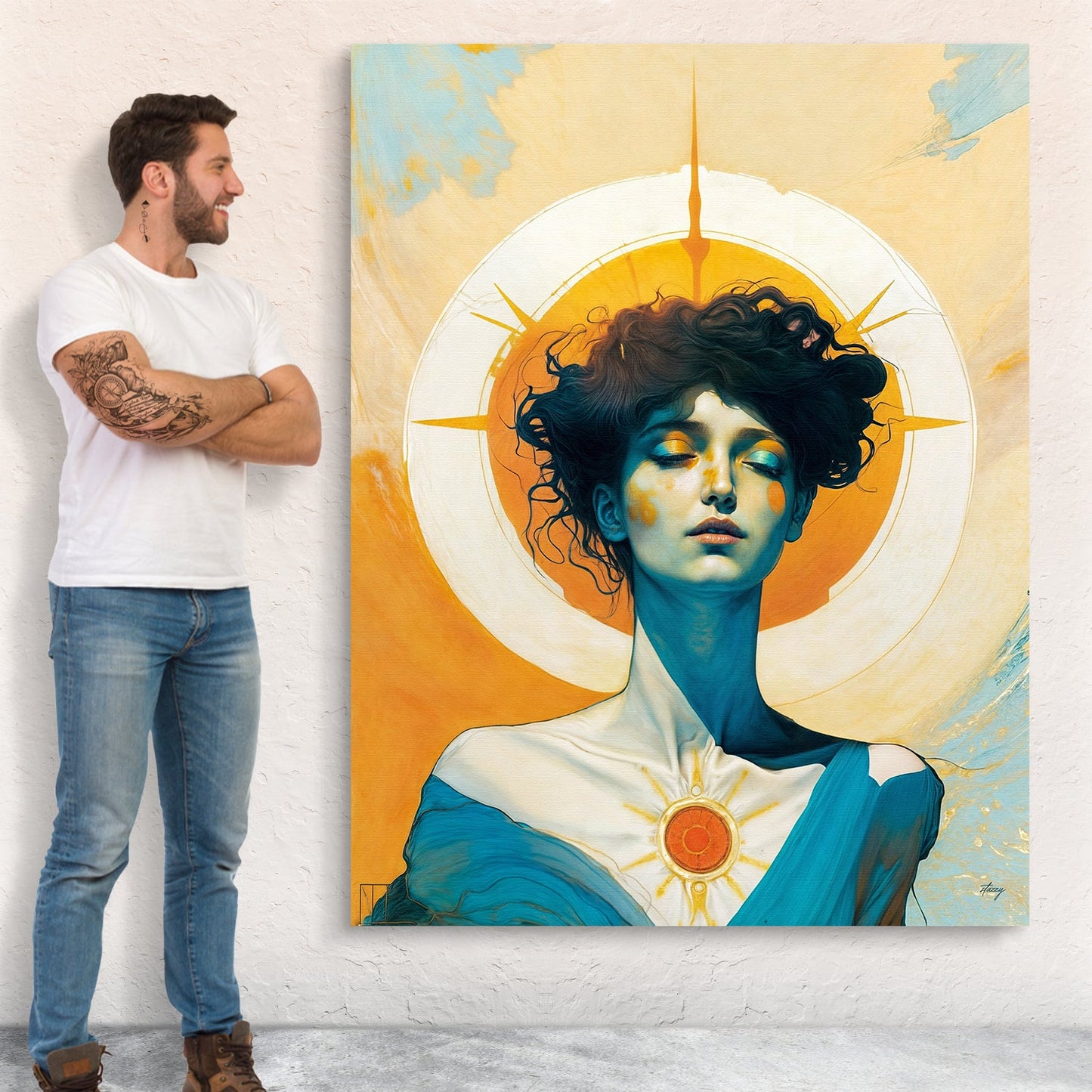 Canvas Print Luminous Reverie by Tailored Canvases; blue portrait with orange halo on crafting canvas on Tampa Home & Garden Store