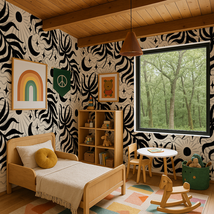 Lunar Leaf Wallpaper, beige and black - Tampa Home & Garden Store
