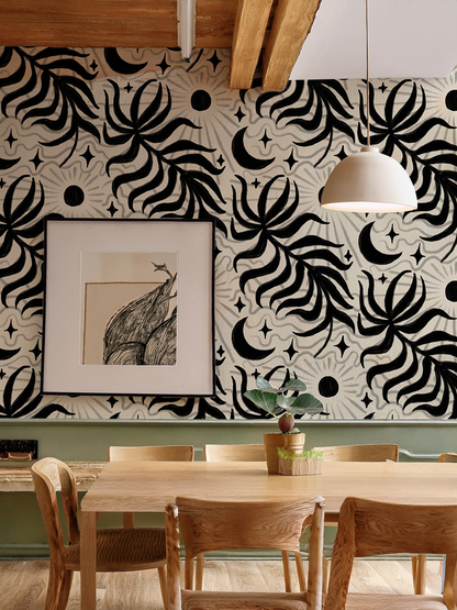 Lunar Leaf Wallpaper, beige and black - Tampa Home & Garden Store