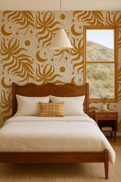 Lunar Leaf Wallpaper, beige and mustard - Tampa Home & Garden Store