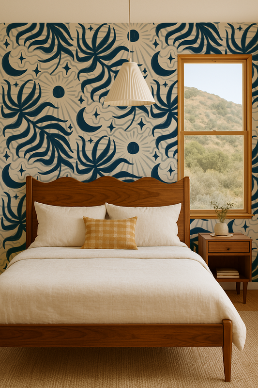 Lunar Leaf Wallpaper, beige and navy - Tampa Home & Garden Store