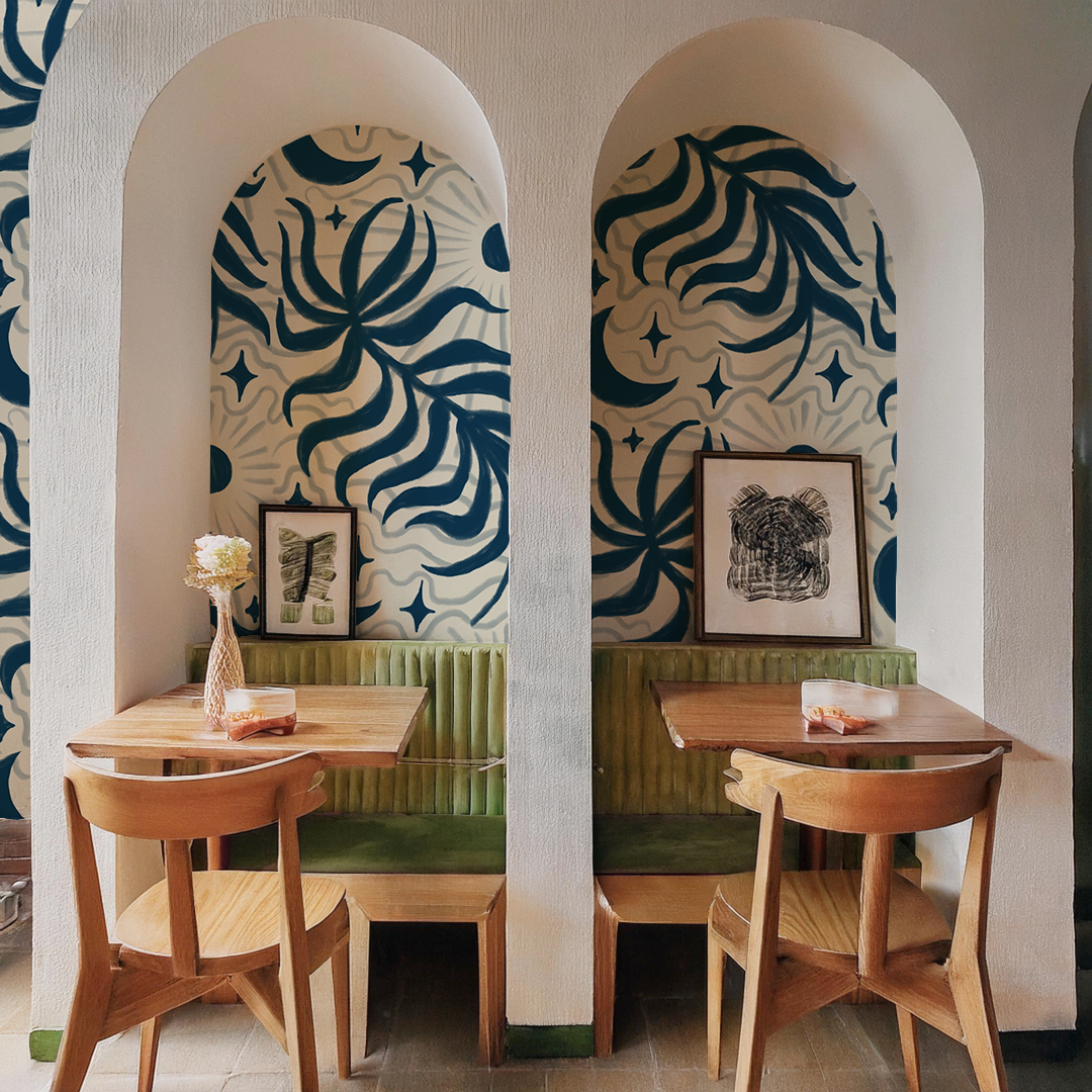 Lunar Leaf Wallpaper, beige and navy - Tampa Home & Garden Store