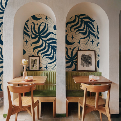 Lunar Leaf Wallpaper, beige and navy - Tampa Home & Garden Store
