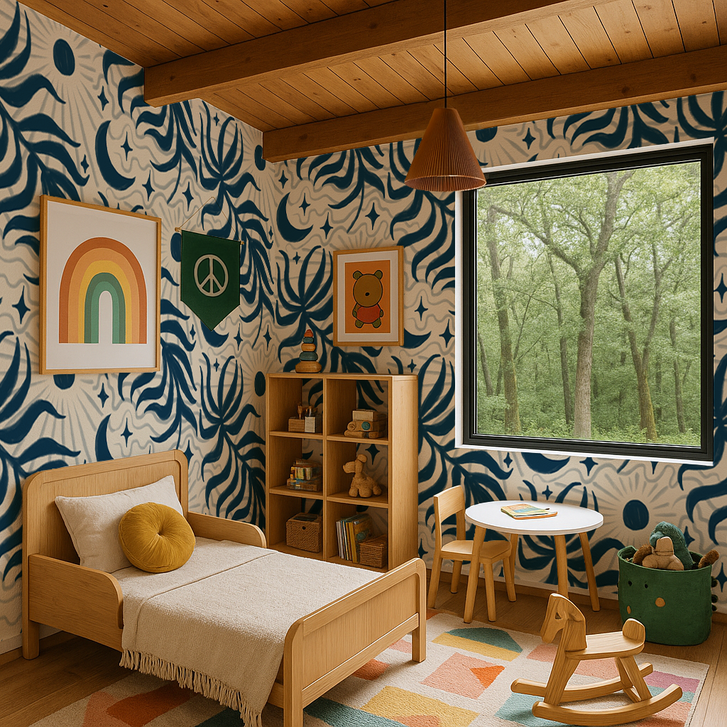Lunar Leaf Wallpaper, beige and navy - Tampa Home & Garden Store