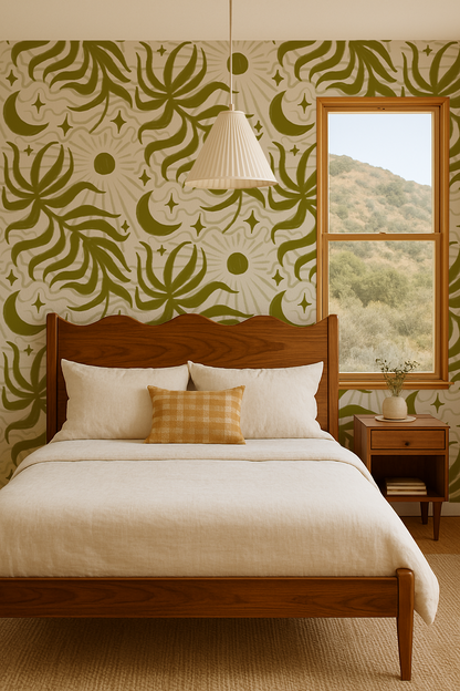 Lunar Leaf Wallpaper, beige and olive green - Tampa Home & Garden Store